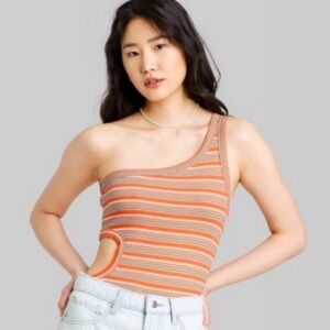 Wild Fable One Shoulder Bodysuit with Side Cutout Orange & Teal Striped Size XL